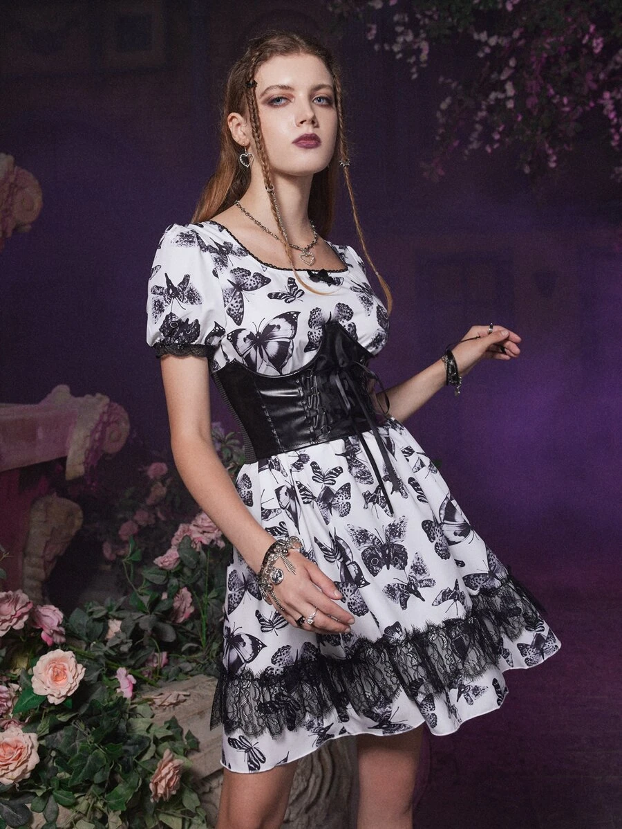 ROMWE Goth Butterfly Print Contrast Lace Dress Without Corset - White - View 1