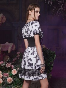 ROMWE Goth Butterfly Print Contrast Lace Dress Without Corset - White - View 2