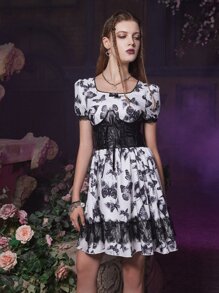 ROMWE Goth Butterfly Print Contrast Lace Dress Without Corset - White - View 4
