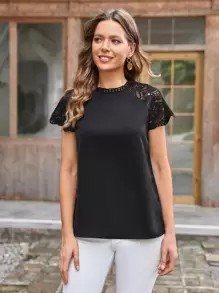 EMERY ROSE Blusa con encaje en contraste de espalda con abertura de ojo - Negro - Ver 1