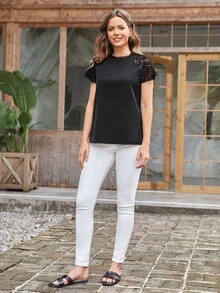 EMERY ROSE Blusa con encaje en contraste de espalda con abertura de ojo - Negro - Ver 5