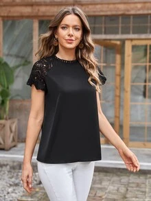 EMERY ROSE Blusa con encaje en contraste de espalda con abertura de ojo - Negro - Ver 2
