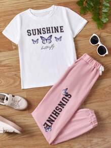 Girls Butterfly & Letter Graphic Tee With Joggers - Multicolor - View 1