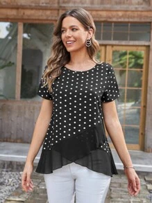EMERY ROSE 波卡圓點荷葉邊圍裹女士襯衫 - 黑色 - 查看 1