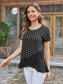 EMERY ROSE 波卡圓點荷葉邊圍裹女士襯衫 - 黑色 - 查看 3