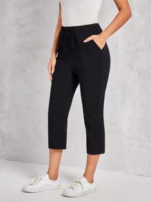 EMERY ROSE Solid Split Side Capri Pants - Black - View 1