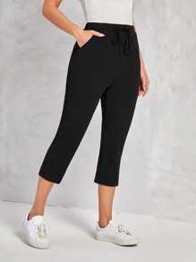 EMERY ROSE Solid Split Side Capri Pants - Black - View 5