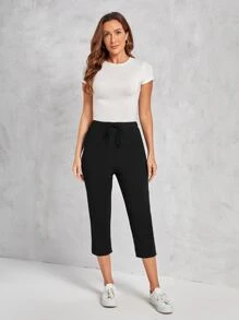 EMERY ROSE Solid Split Side Capri Pants - Black - View 4