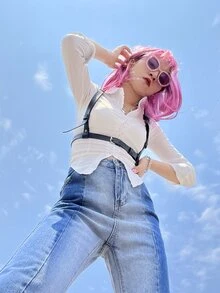 1入組女士素色可調節時尚背帶式腰帶 - 黑色 - 查看 3