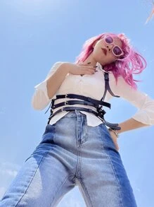 Layered Square Buckle Harness Belt - Black - View 3