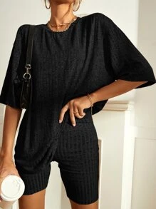 SHEIN Frenchy Drop Shoulder Tee & Cycling Shorts - Black - View 1