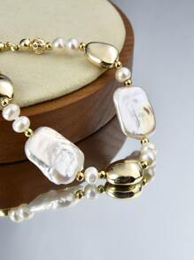 1pc Elegant 18K Gold Plated Natural Pearl Bracelet, Suitable For Women's Daily Wear, Evening Party, Mother's Day, Valentine's Day, Birthday, Wedding, Engagement, Bridal Gift