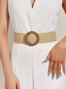 1pc Women's Wide Bohemian Style PP Grass Interlocking Buckle Belt, Brown Summer, School - Beige - View 1