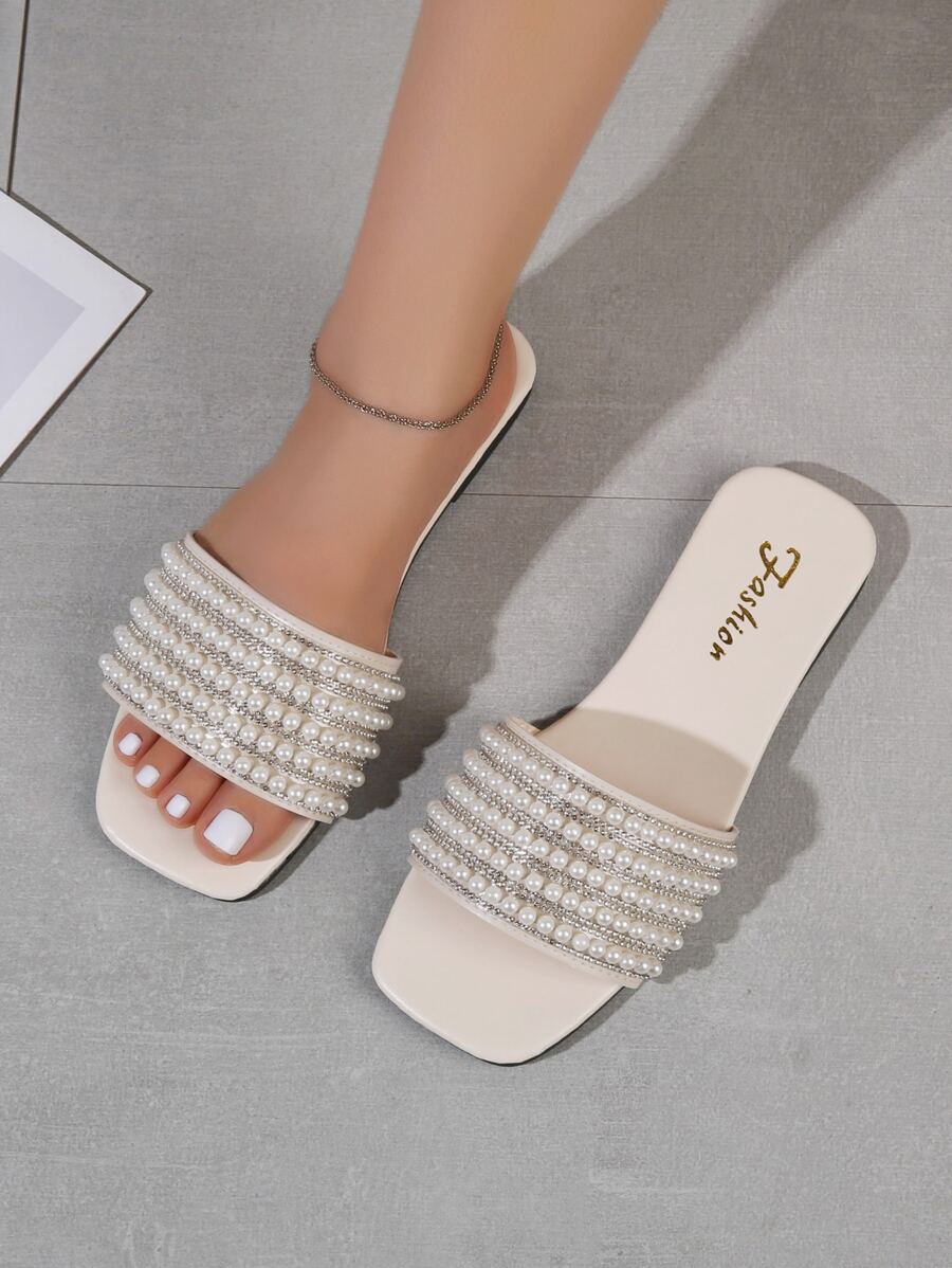 1 Pair Fashionable & Comfortable 2025 New Summer Peep Toe Pearl Decor Flat Sandals, Versatile Slip-On Design Suitable For Dress Or Pants, Perfect Comfortable Flat Sandal For Plus Size Women Valentines - Beige - View 1