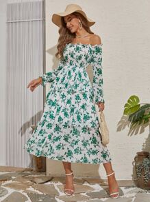 Mulvari Floral Print Off Shoulder Shirred Flounce Sleeve Layered Hem Dress - Green - View 1