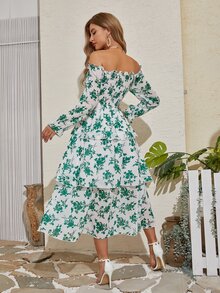 Mulvari Floral Print Off Shoulder Shirred Flounce Sleeve Layered Hem Dress - Green - View 2