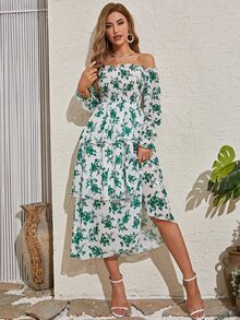 Mulvari Floral Print Off Shoulder Shirred Flounce Sleeve Layered Hem Dress - Green - View 5