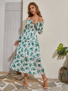 Mulvari Floral Print Off Shoulder Shirred Flounce Sleeve Layered Hem Dress - Green - View 6