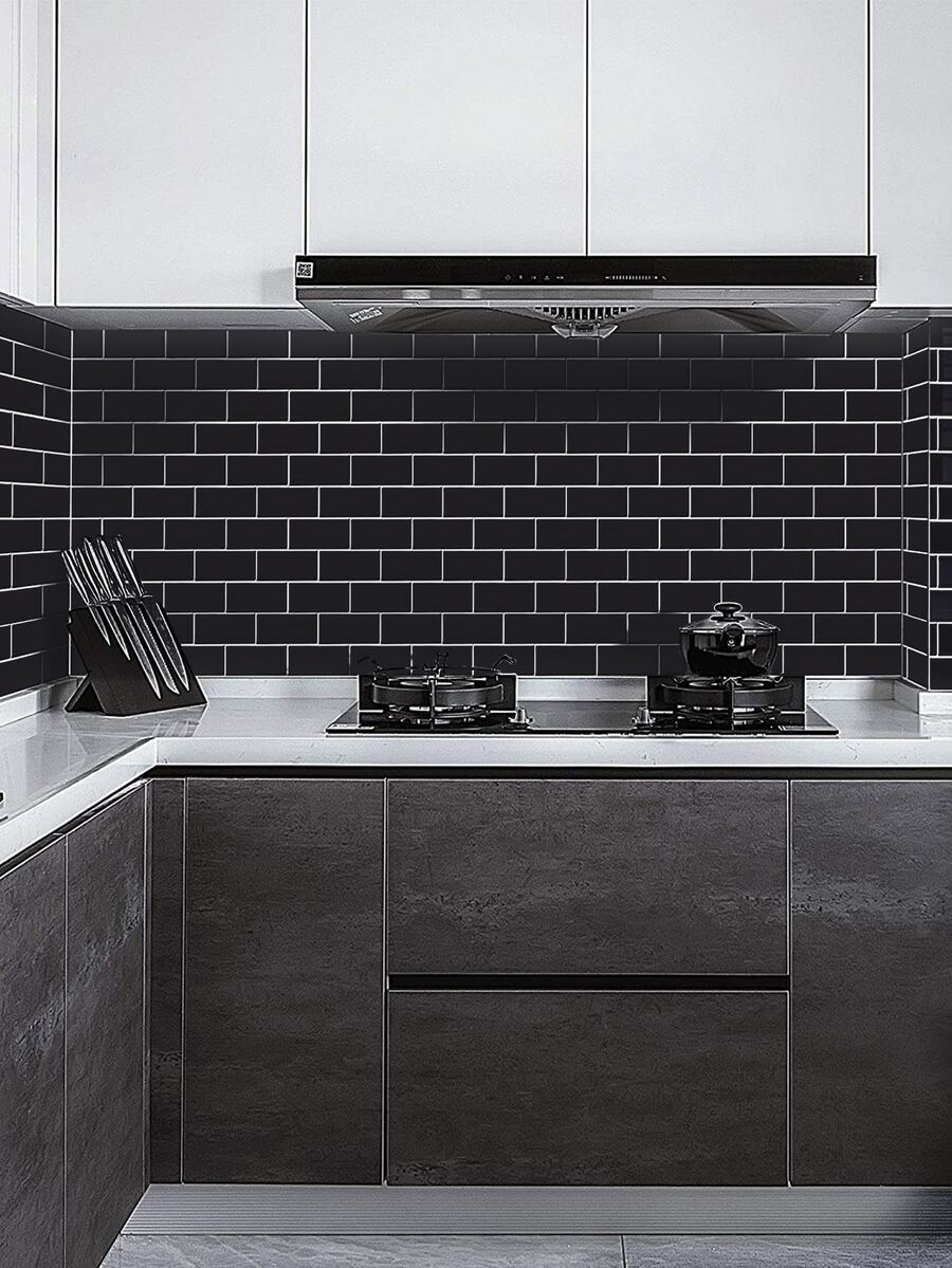 WoStick 1pc Brick Pattern Kitchen Sticker, Black Self Adhesive Peel And Stick Tile For Kitchen Decor