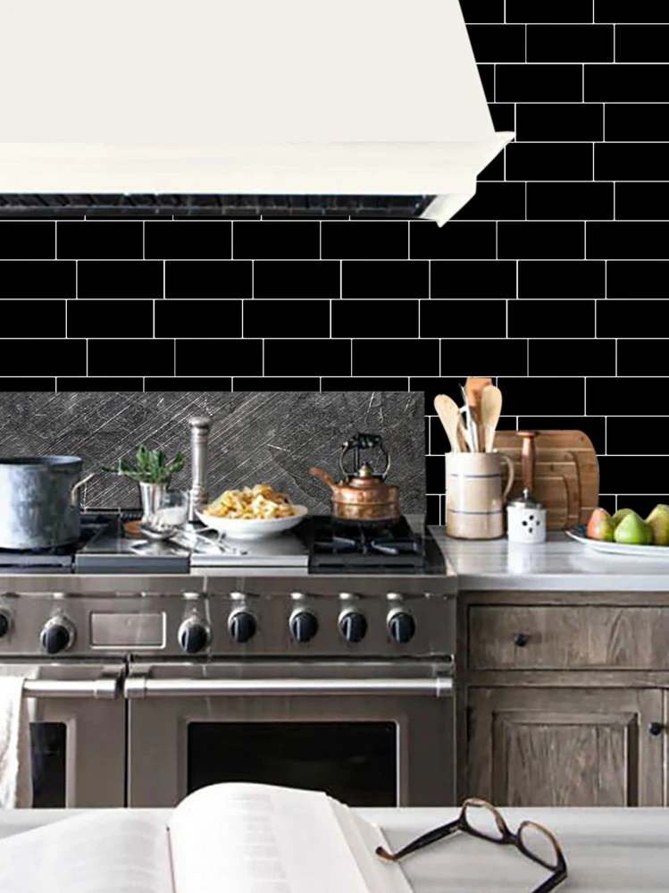 WoStick 1pc Brick Pattern Kitchen Sticker, Black Self Adhesive Peel And Stick Tile For Kitchen Decor - Black - View 3