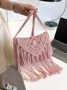 Bolso de ganchillo con diseño de fleco - Rosa - Ver 3