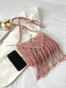 Bolso de ganchillo con diseño de fleco - Rosa - Ver 5