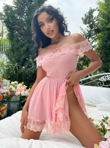 Pure Desire 網紗蕾絲邊蝴蝶結後背十字交叉一字肩洋裝和丁字褲