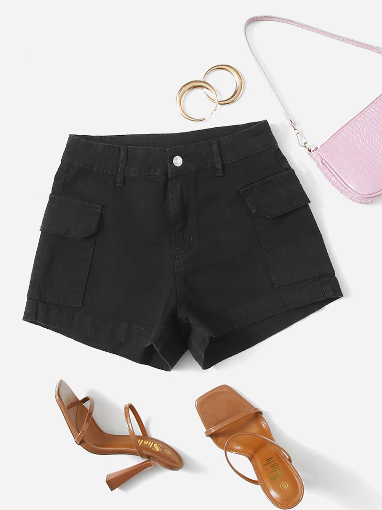 素色翻蓋口袋牛仔短褲