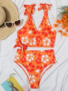 SHEIN Swim Conjunto de bikini con estampado floral Nudo en el hombro Surplice Sujetador sin mangas y parte inferior de talle alto Traje de baño de 2 piezas - Naranja - Ver 5