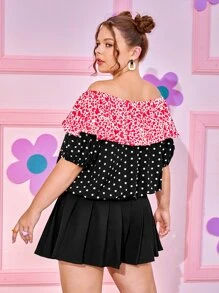 Blusa de lunares & con estampado de corazón de hombros descubiertos ribete con fruncido - Multicolor - Ver 2