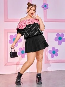 Blusa de lunares & con estampado de corazón de hombros descubiertos ribete con fruncido - Multicolor - Ver 5