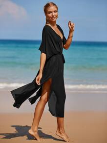 Kimono trong suốt xẻ tà đơn giản, dành cho kỳ nghỉ hè ở bãi biển - màu đen - Xem 4