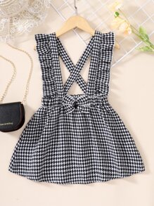 Toddler Girls Houndstooth Print Bow Front Ruffle Straps Suspender Skirt - Black and White - View 1