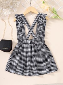 Toddler Girls Houndstooth Print Bow Front Ruffle Straps Suspender Skirt - Black and White - View 2