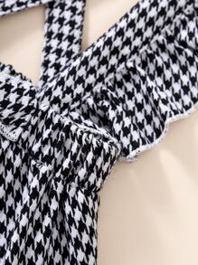 Toddler Girls Houndstooth Print Bow Front Ruffle Straps Suspender Skirt - Black and White - View 4