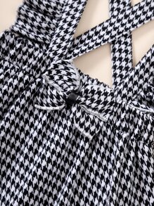 Toddler Girls Houndstooth Print Bow Front Ruffle Straps Suspender Skirt - Black and White - View 5