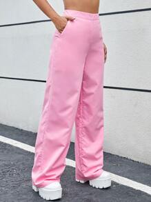 SHEIN 高腰闊腿褲 - 粉色 - 查看 3