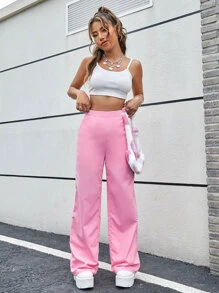 SHEIN 高腰闊腿褲 - 粉色 - 查看 1