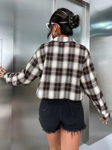 SHEIN Unity Plaid Print Letter Patch Detail Drop Shoulder Jacket - Multicolor - View 2