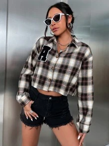 SHEIN Unity Plaid Print Letter Patch Detail Drop Shoulder Jacket - Multicolor - View 4