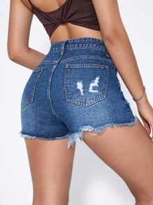 SHEIN 高腰破洞毛邊緣牛仔短褲 - 深色水洗藍 - 查看 2