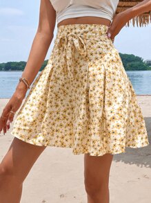SHEIN Frenchy 高腰印花前打結闊腿短褲 - 彩色 - 查看 1