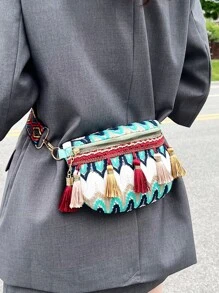 Colour Block Tassel Decor Bum Bag - Multicolor - View 8