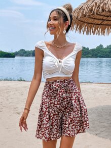 SHEIN Frenchy 高腰印花前打結闊腿短褲 - 紅色 - 查看 4