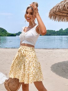 SHEIN Frenchy 高腰印花前打結闊腿短褲 - 彩色 - 查看 4