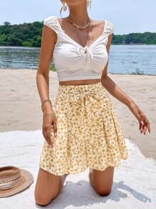 SHEIN Frenchy 高腰印花前打結闊腿短褲 - 彩色 - 查看 5