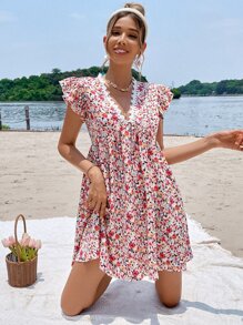 SHEIN Frenchy 碎花鏤空蕾絲花邊蝴蝶袖洋裝