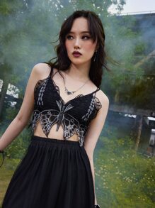 ROMWE Goth Butterfly Embroidery Tie Backless Cami Top - Black - View 3
