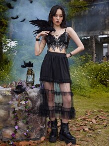 ROMWE Goth Butterfly Embroidery Tie Backless Cami Top - Black - View 6