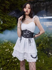 ROMWE Goth 網眼刺繡荷葉邊連衣裙不附帶緊身胸衣皮帶